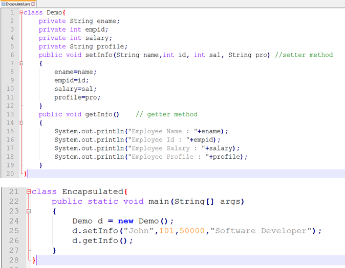 This image describes the program supporting the concept of encapsulation in java. 